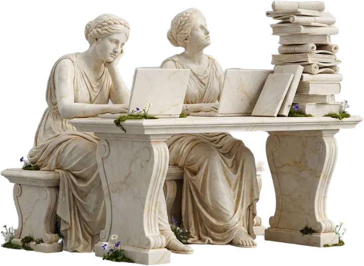 Marble figures bent over scrolls